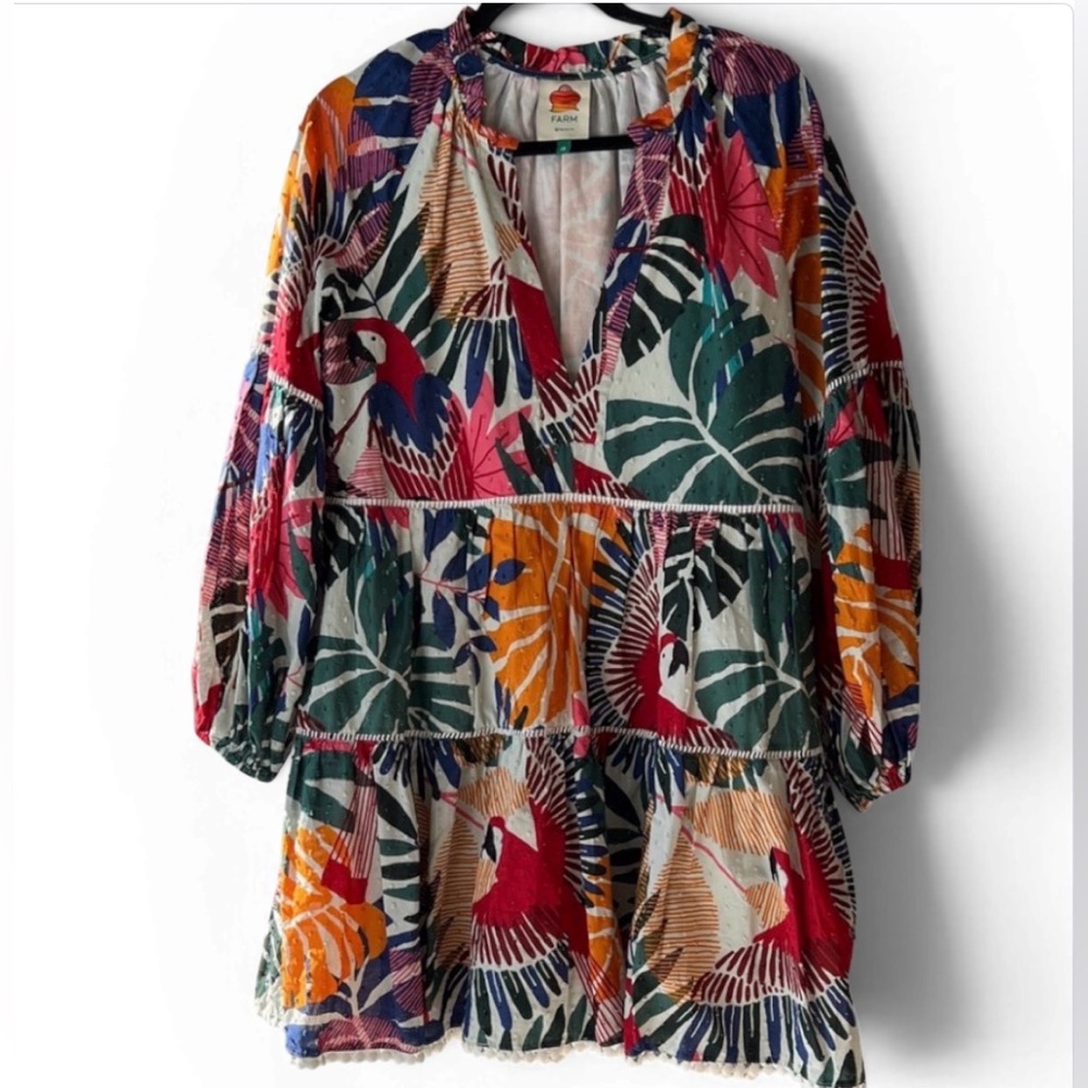 FARM Rio Multicolor Long Sleeve Dress Macaw Mini DressXS EUC Resortwear Vacation - Picture 2 of 11